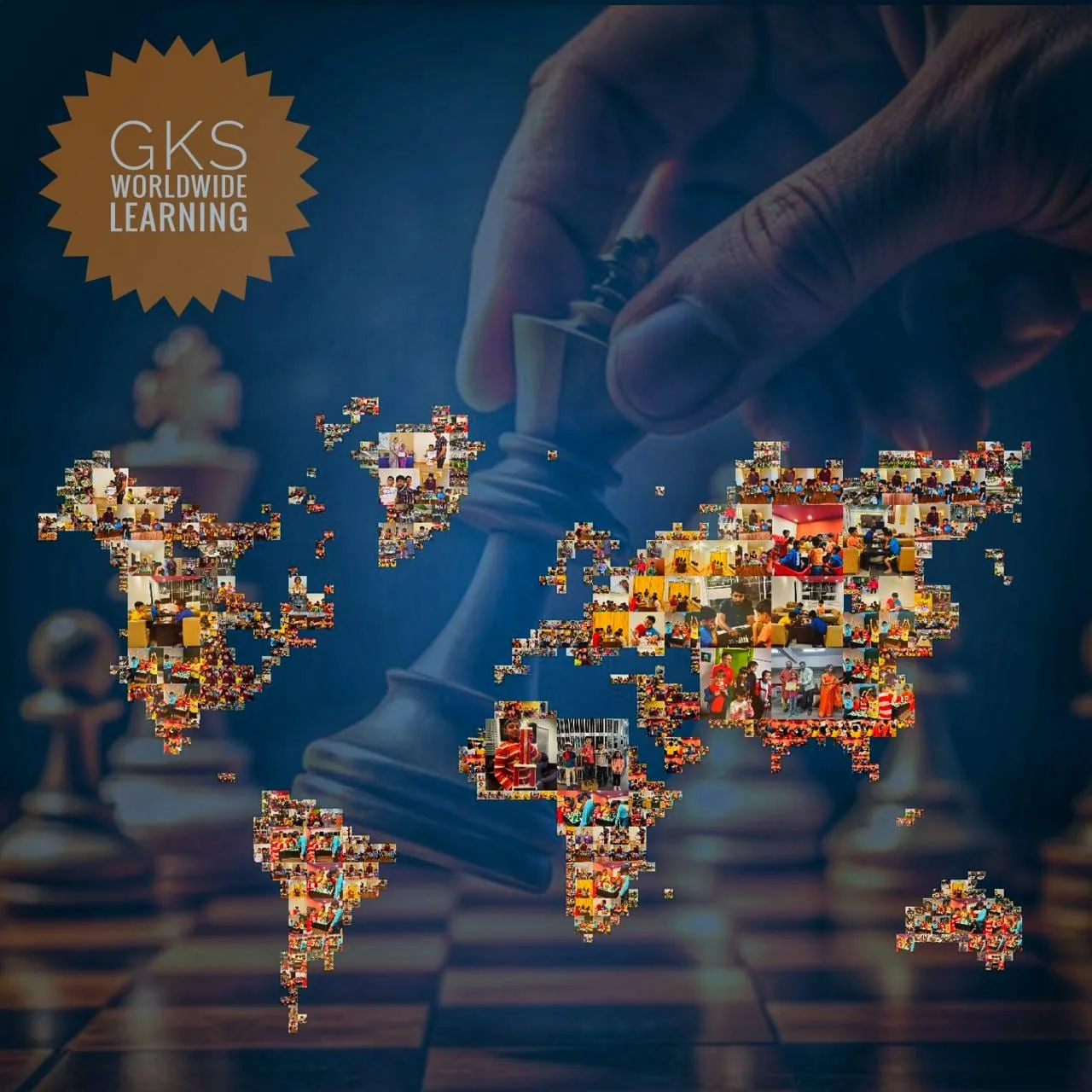 GKS Worldwide Learning — chess pieces and a world map