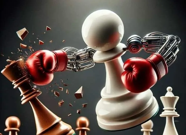 A chess pawn in boxing gloves knocking over a king — bravery starts with one move